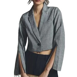 Anthropologie Linen Blend Cropped Blazer Womens Size 8 Grey Slit Bell Sleeve